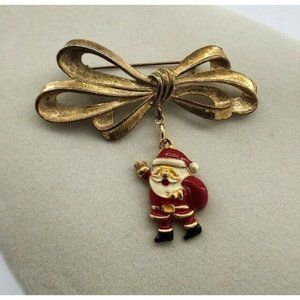 Vintage 2 Piece Set Of PHISTER Bow Brooch With Holiday Santa Charm 3” Gold Toned
